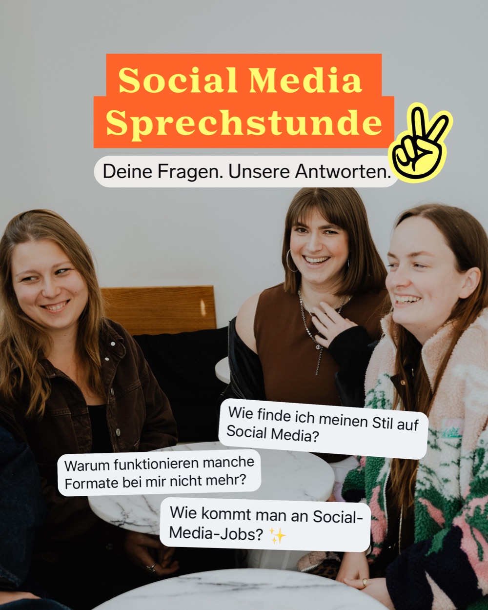 Social Media Sprechstunde im Baby Got Business Club: drei lachende Frauen am Tisch, dazu Fragen wie „Warum funktionieren manche Formate bei mir nicht mehr?“
