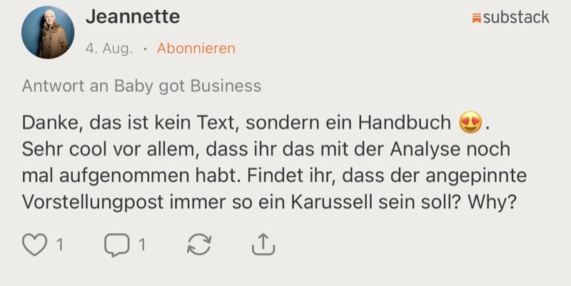 Kommentar von Jeannette auf Substack: „Danke, das ist kein Text, sondern ein Handbuch.“