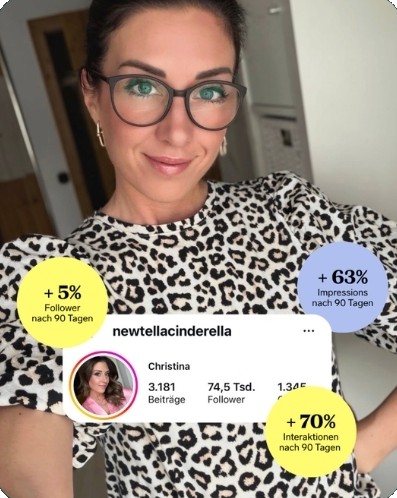 Instagram-Profil newtellacinderella (Christina): plus 5 Prozent Follower, plus 63 Prozent Impressions und plus 70 Prozent Interaktionen nach 90 Tagen